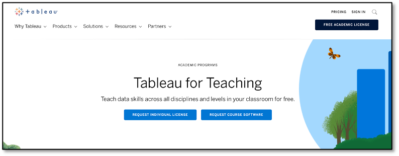 Image showing Tableau's academic programs, including free software for teachers. 